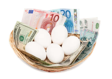 Eggs with money in basket isolated on white background. Financial concept.の写真素材