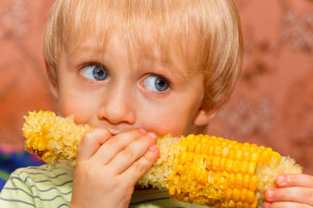 Young boy Eating tasty Cornの写真素材