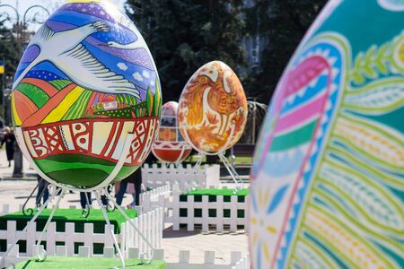 Vinnitsa, UKRAINE - APRIL 12, 2018: Street festival of large Easter eggs in the city center.のeditorial素材