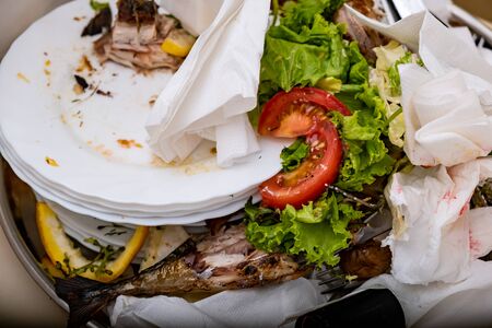 Many dirty dishes in the restaurantの写真素材