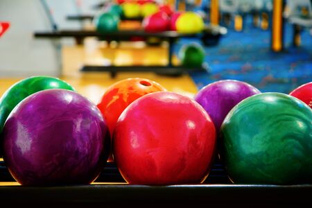 Bowling. Bowling balls. Bowling alley. Vivid colors.の写真素材
