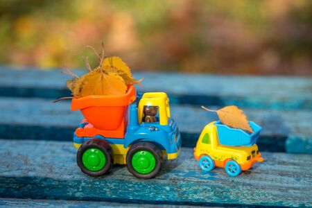 The small toy cars stands on a wooden surface against a background of a blurry autumn park.の写真素材