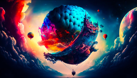 Surreal image of person floating in the sky. Generative AI.の素材