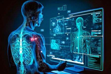 Man is looking at computer screen with skeleton on it. Generative AIの素材