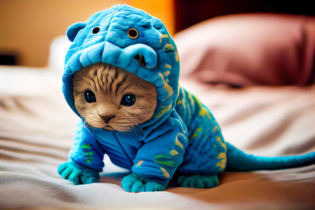 Cat in blue dinosaur costume on bed. Generative AIの素材