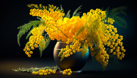 Vase filled with yellow flowers on top of table. Generative AI.の素材