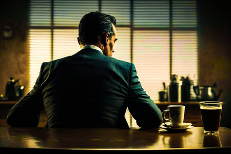 Man sitting at table with cup of coffee. Generative AI.の素材