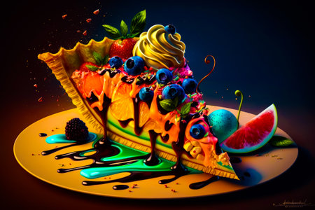 Piece of cake with fruit on top of it. Generative AI.の素材