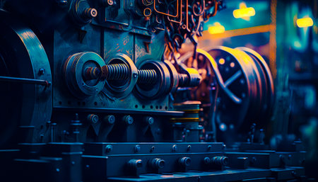Close up of machine with many gears. Generative AI.の素材