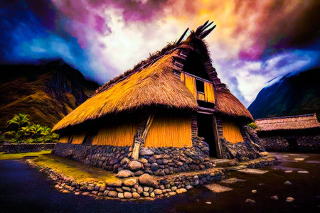 House with thatched roof and stone wall. Generative AI.の素材