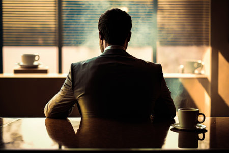 Man sitting at table in front of window. Generative AI.の素材