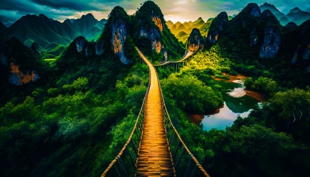 Painting of path leading to mountains. Generative AI.の素材