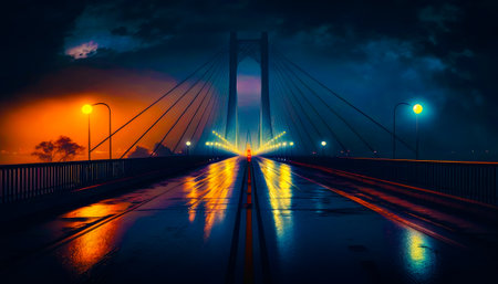 Bridge that is lit up at night. Generative AI.の素材