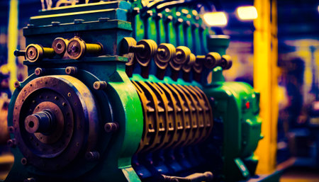 Close up of green and yellow machine. Generative AI.の素材
