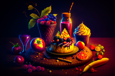 Painting of variety of desserts on table. Generative AI.の素材