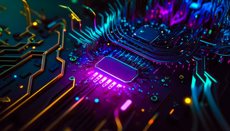 Close up of computer motherboard with neon lights. Generative AI.の素材