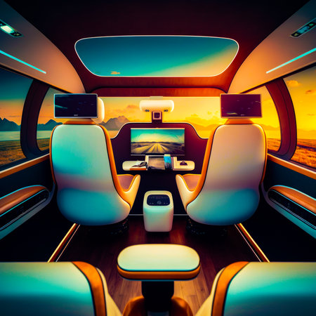 The inside of the vehicle with the sun setting. Generative AI.の素材
