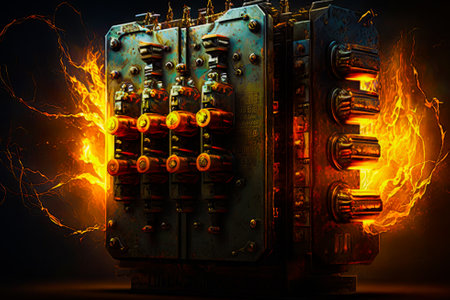 Large metal box with fire coming out of it. Generative AI.の素材