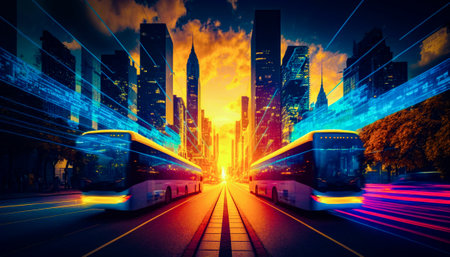 Double decker bus traveling down city street. Generative AI.の素材
