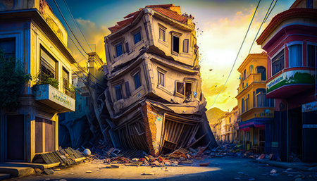 Very tall building sitting on top of a pile of rubble. Generative AI.の素材