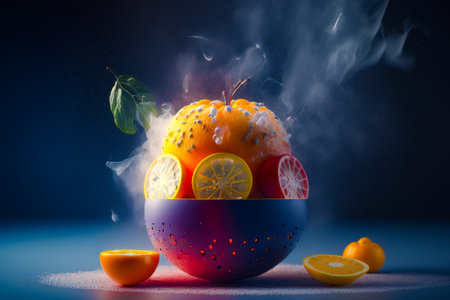 An orange is in a bowl with smoke coming out of it. Generative AIの素材