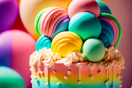 Multicolored cake with lots of balloons in the background. Generative AIの素材