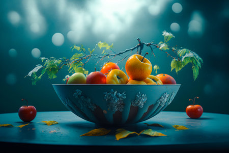 Blue bowl filled with fruit on top of table. Generative AIの素材