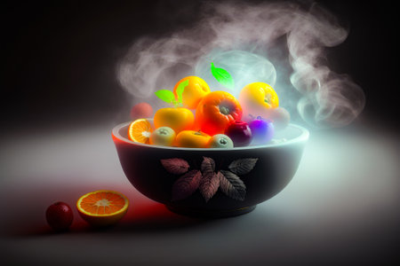 Bowl of fruit with steam rising out of it. Generative AIの素材