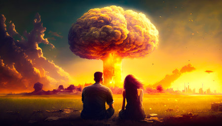 Man and woman sitting in front of a nuclear explosion. Generative AIの素材