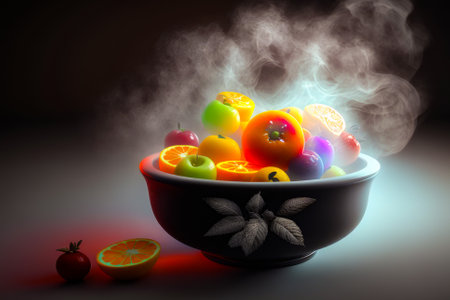 Bowl full of fruit with steam coming out of it. Generative AIの素材