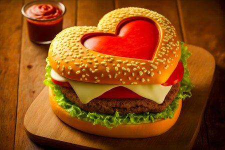 Hamburger with heart shaped cheeseburger on it. Generative AIの素材