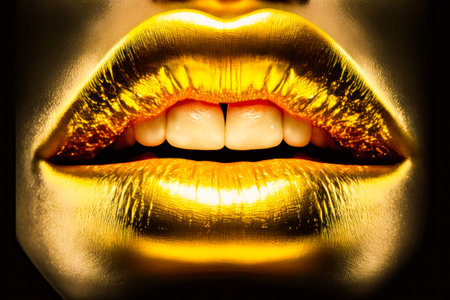 Woman's lips with gold foil on them. Generative AIの素材