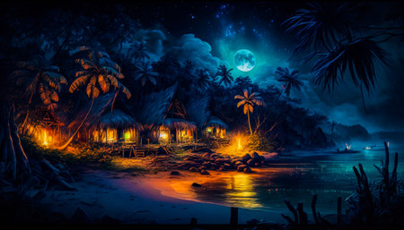 Painting of beach at night with full moon. Generative AIの素材