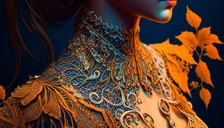 Painting of woman wearing gold dress. Generative AIの素材