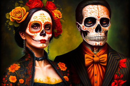 Painting of man and woman in skeleton makeup. Generative AIの素材