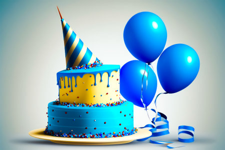 Birthday cake with blue balloons and streamers. Generative AIの素材
