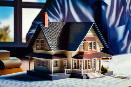 paper model of house on desk. Generative AI.の素材