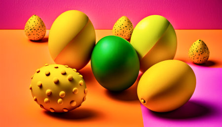 Group of colorful eggs sitting on top of table. Generative AI.の素材