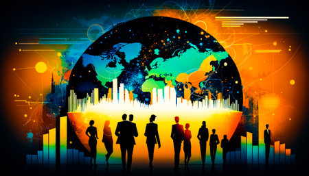 Group of people standing in front of the globe. Generative AI.の素材