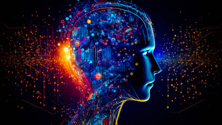 Woman's head with circuit board in the background. Generative AI.の素材