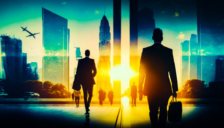 couple of people walking down street. Generative AI.の素材