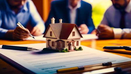 Couple of people sitting at table with house model. Generative AI.の素材