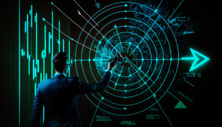 Man in suit writing on screen. Generative AI.の素材