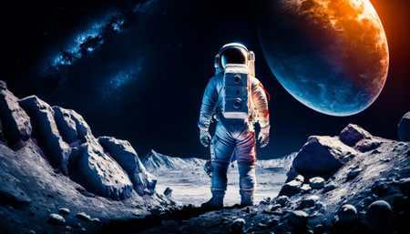 Man in an astronaut suit standing on the moon. Generative AI.の素材