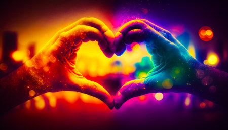 Two hands making heart shape with colored lights in the background. Generative AI.の素材