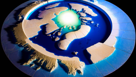 Circular picture of an ice shelf with bright light in the middle of it. Generative AI.の素材