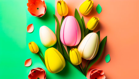 Bunch of colorful tulips on green and pink background. Generative AI.の素材