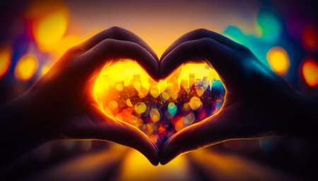 Two hands making heart shape with city in the background. Generative AI.の素材