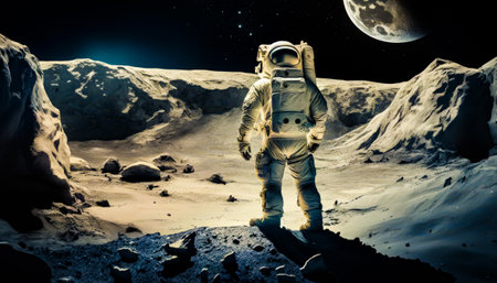 An astronaut standing on the surface of the moon. Generative AI.の素材