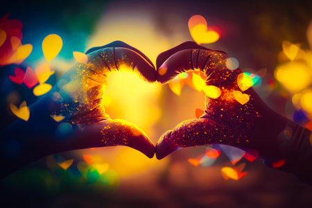 Two hands making heart shape with colorful lights in the background. Generative AI.の素材